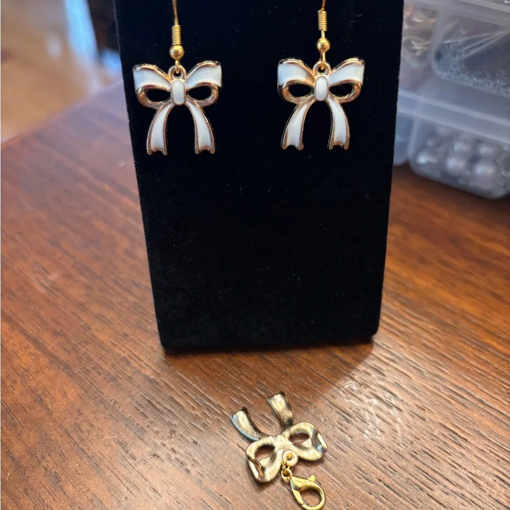 New Gold and White Bow Drop Earrings with matching pendant charm